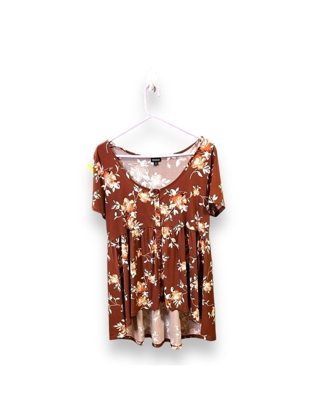 Torrid Short Sleeve Smocked Floral Tunic Brown Cream Roses Large - Picture 2 of 9